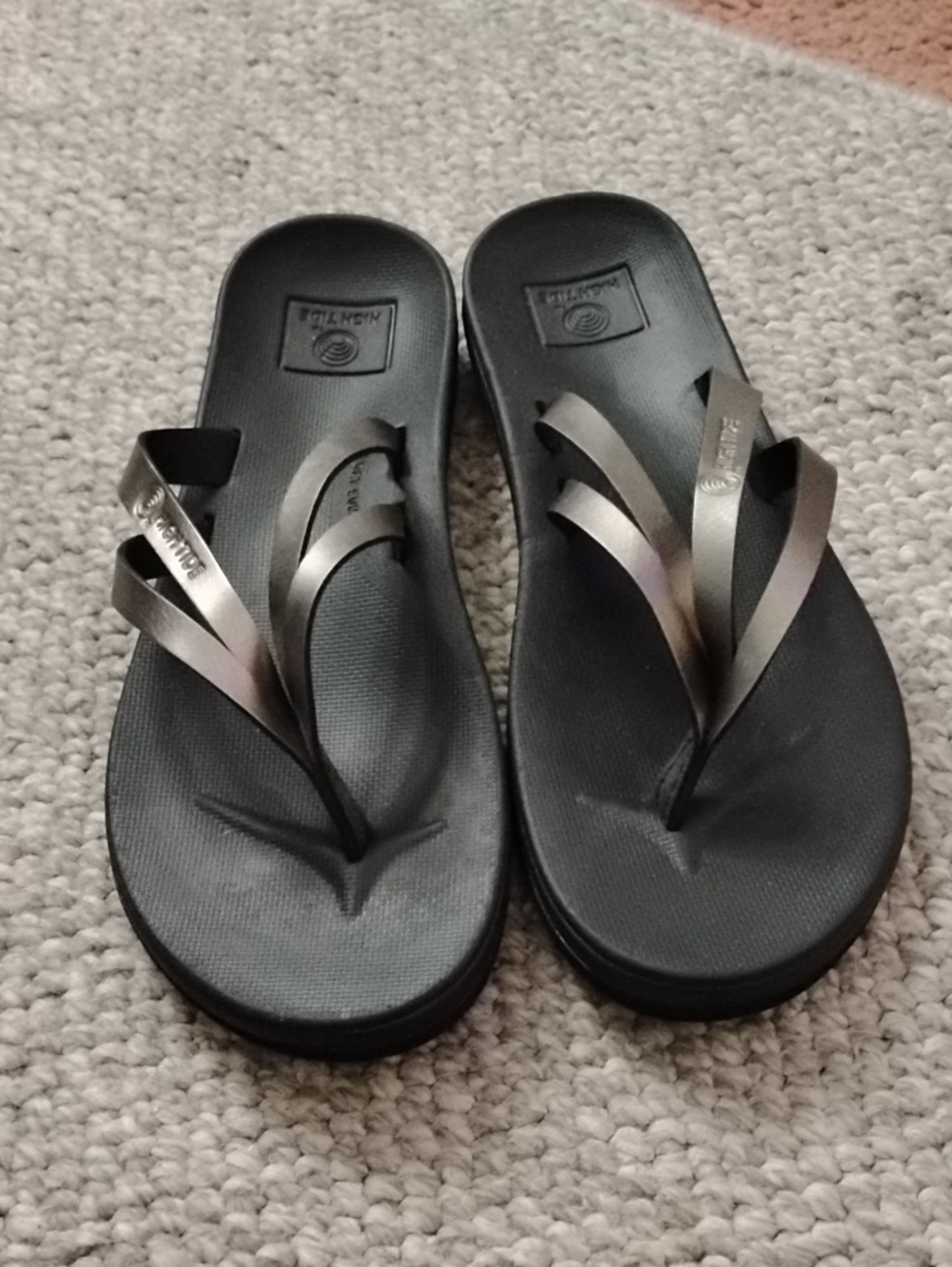 Women's Black Flip Sandals with Metallic Pewter Straps